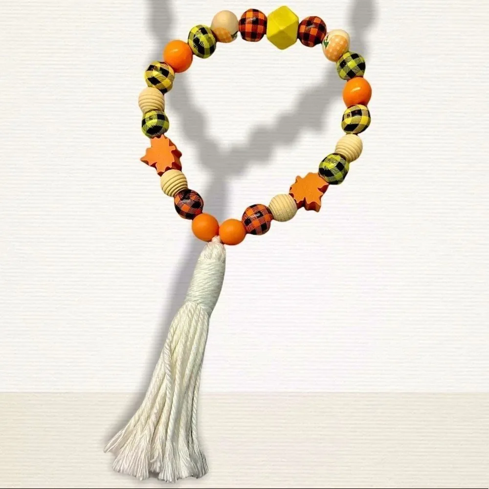 NEW Wood Bead Garland with Plaid Tassels